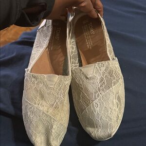 TOMS Lace Slip-On Flats in Ivory Lace